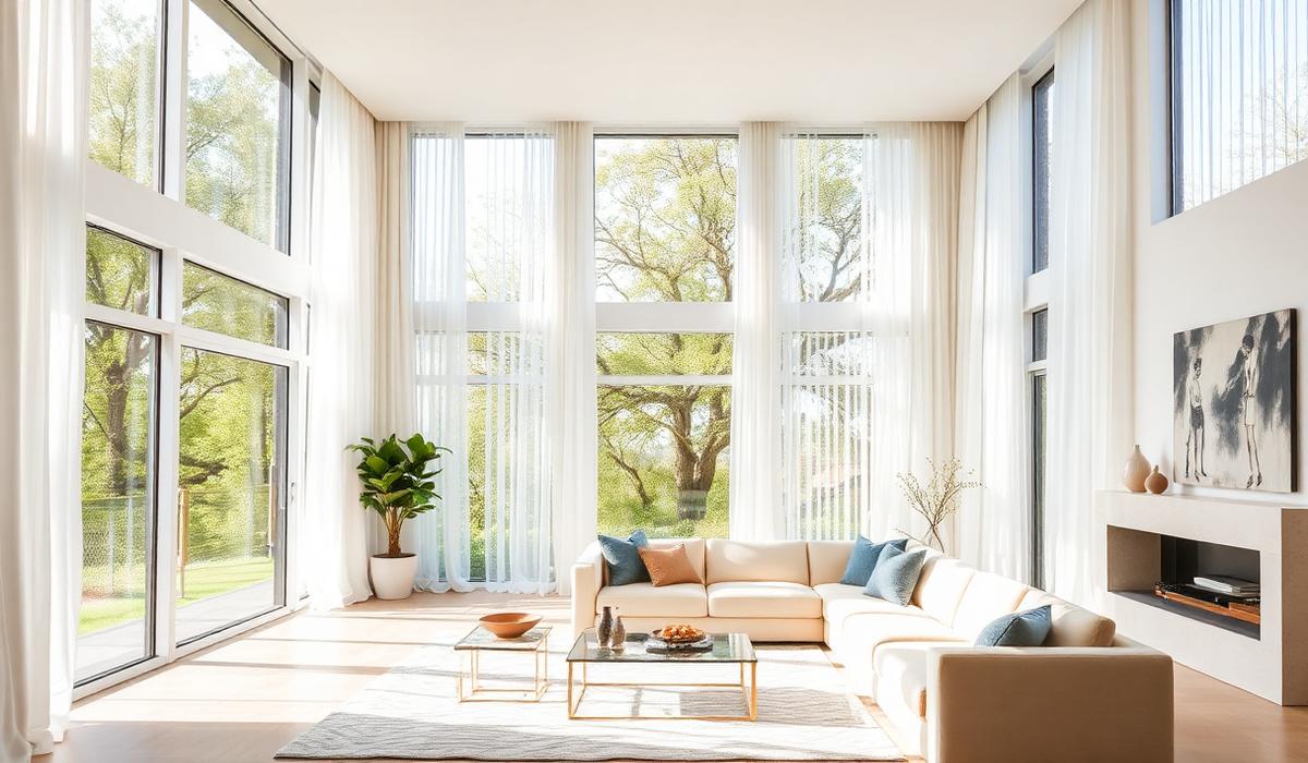 Bright living room with layered shades and drapery