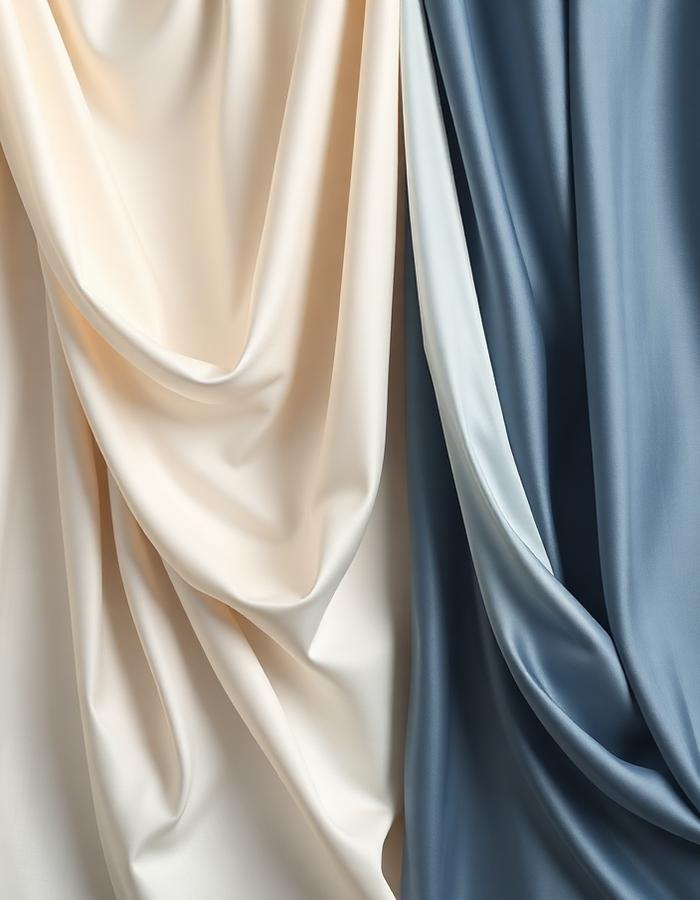 Draped cream and slate blue drapery fabric swatches