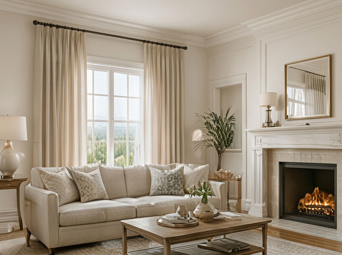 Living room with stone fireplace and cream drapery panels