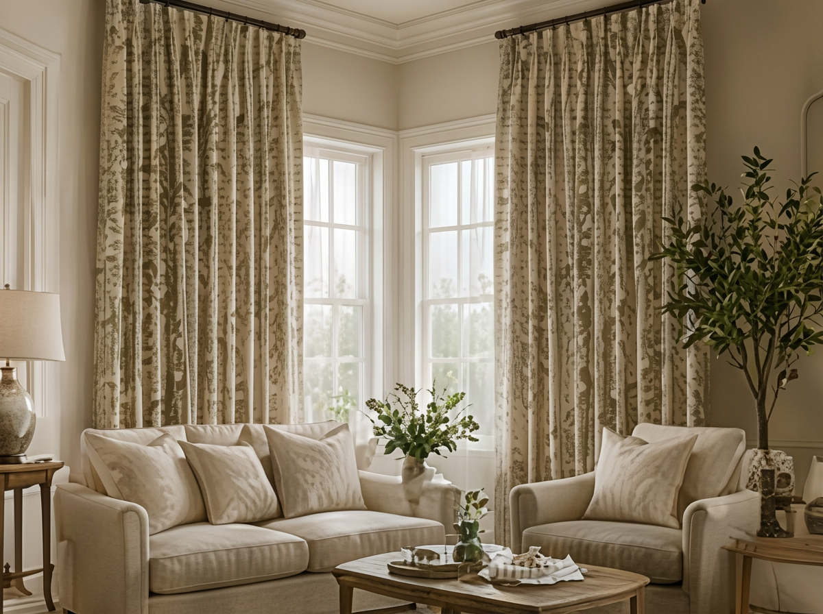 Sitting room with patterned botanical drapery on tall windows