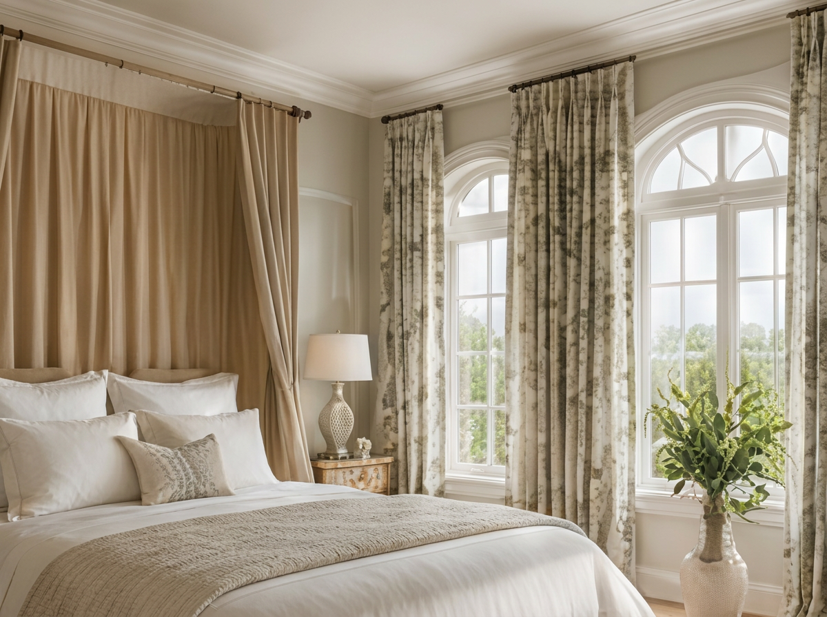 Bedroom with cream drapery panels behind an upholstered bed