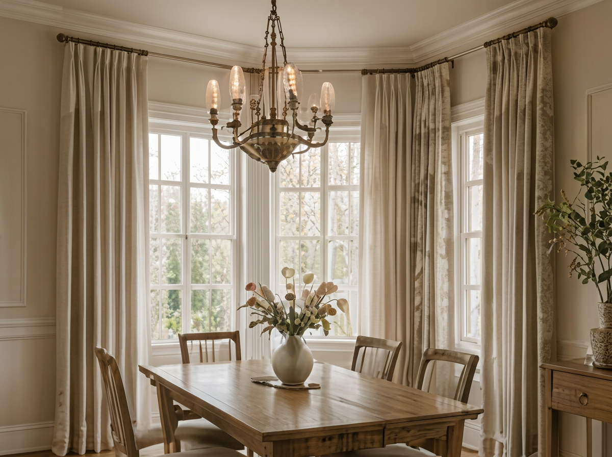 Dining room with cream drapery and brass chandelier