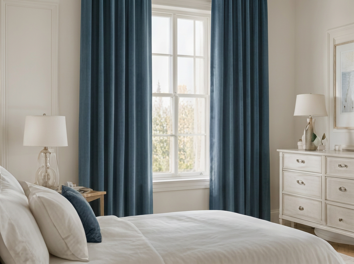 Bedroom with deep blue drapery panels