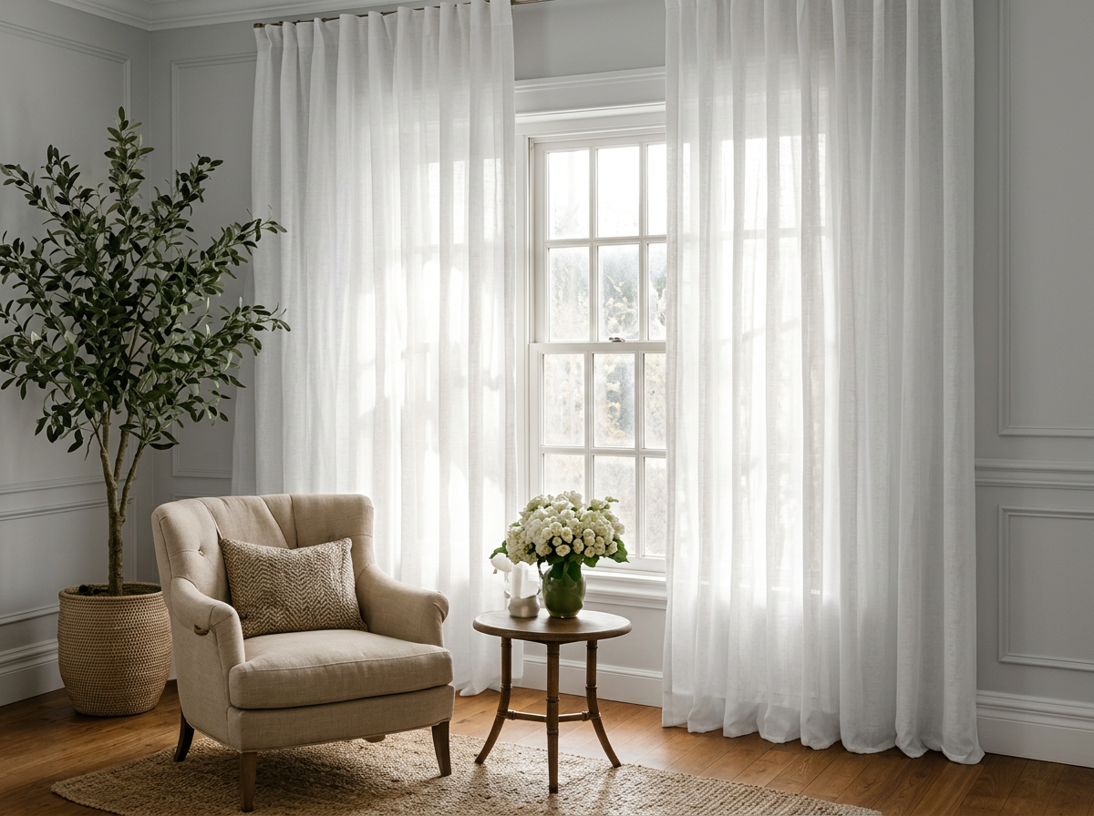 Reading nook with sheer white drapery and cream armchair