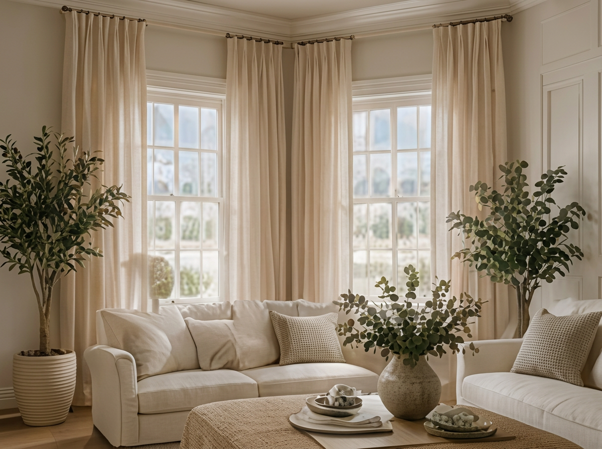 Living room with layered sheer and linen drapery