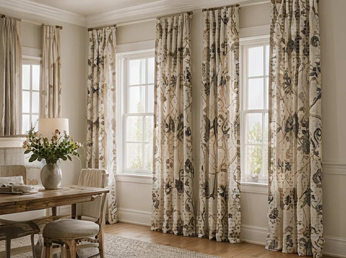 Dining area with patterned drapery on french doors