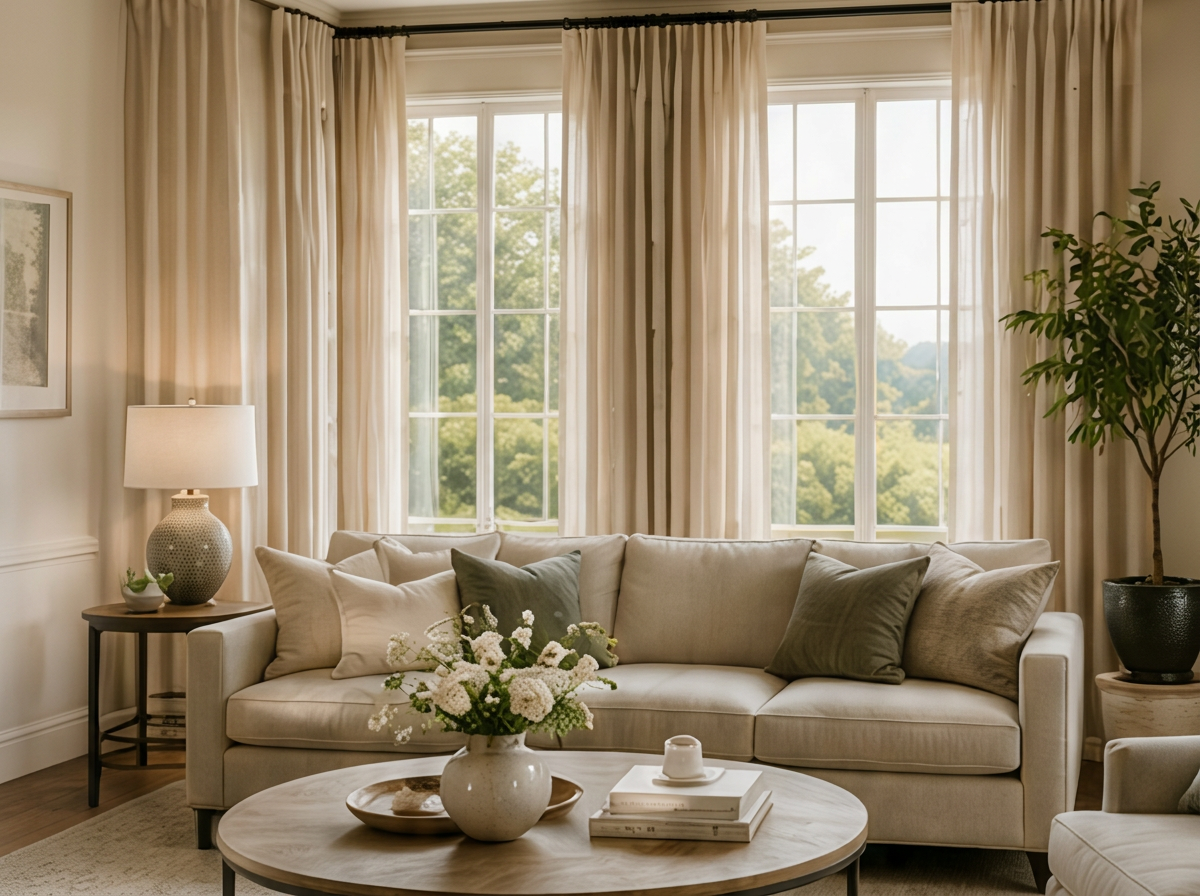 Hill Country living room with custom cream linen drapery panels