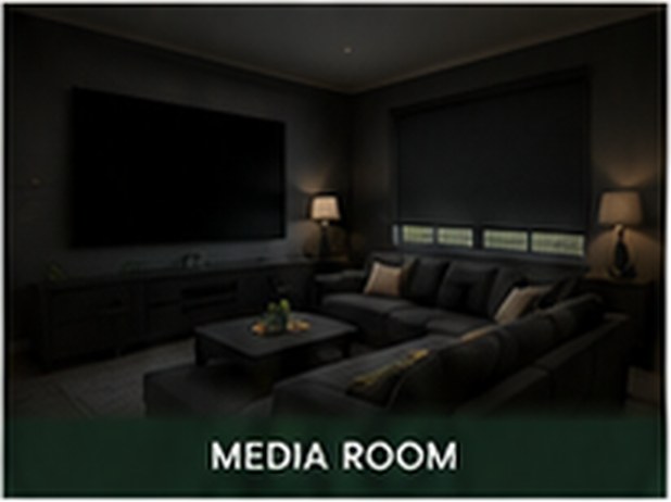 Room darkening shades in a media room