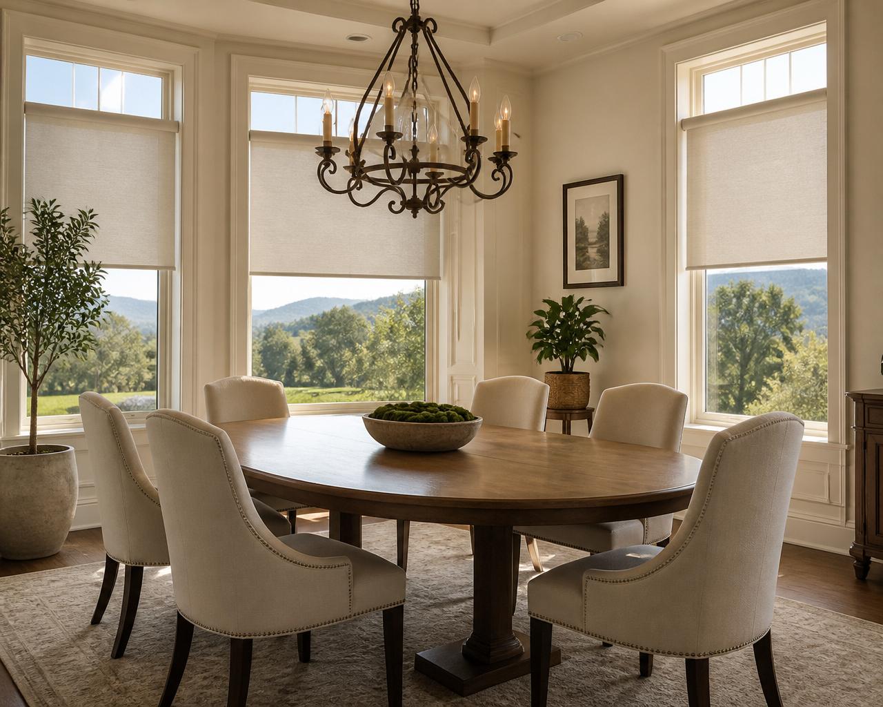 Dining room with sheer shades and chandelier
