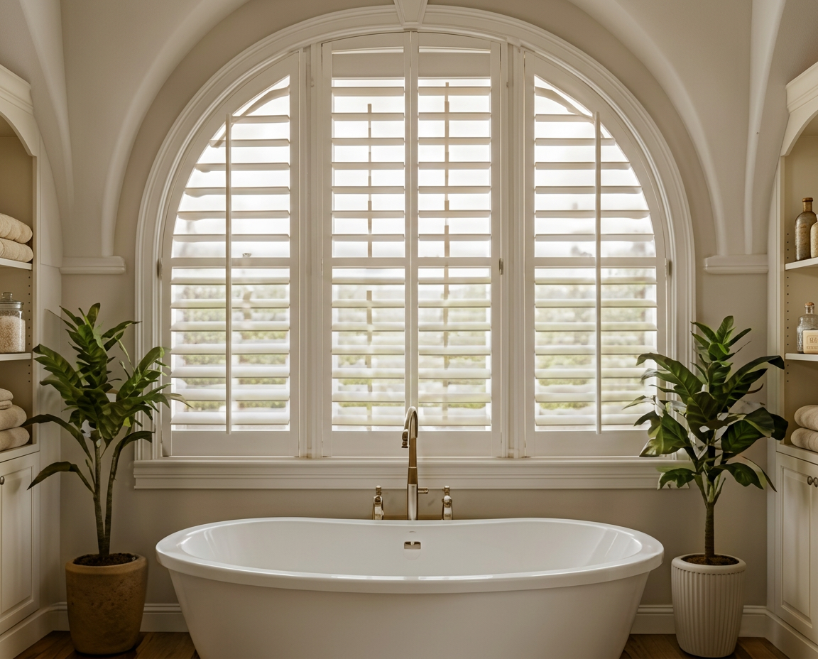 Bathroom with arched shutters above a soaking tub