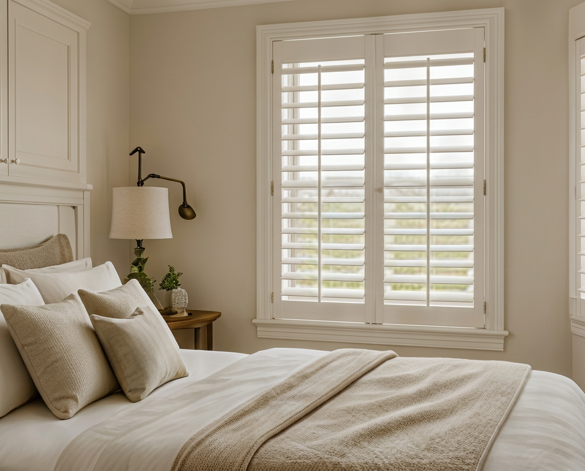 Bedroom with white shutters and brass sconce