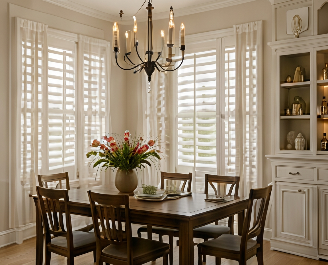 Dining room with white shutters and brass chandelier