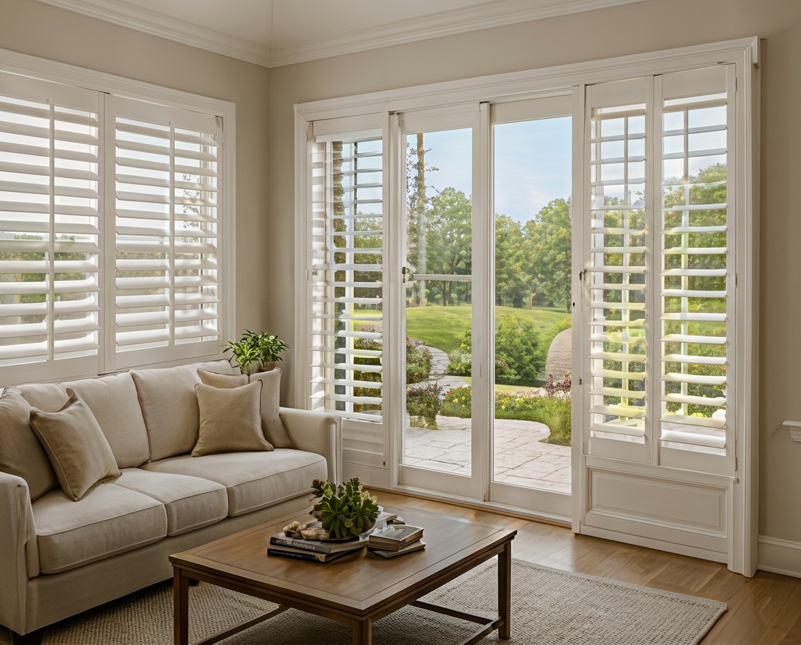 Shutters flanking French doors to a green yard