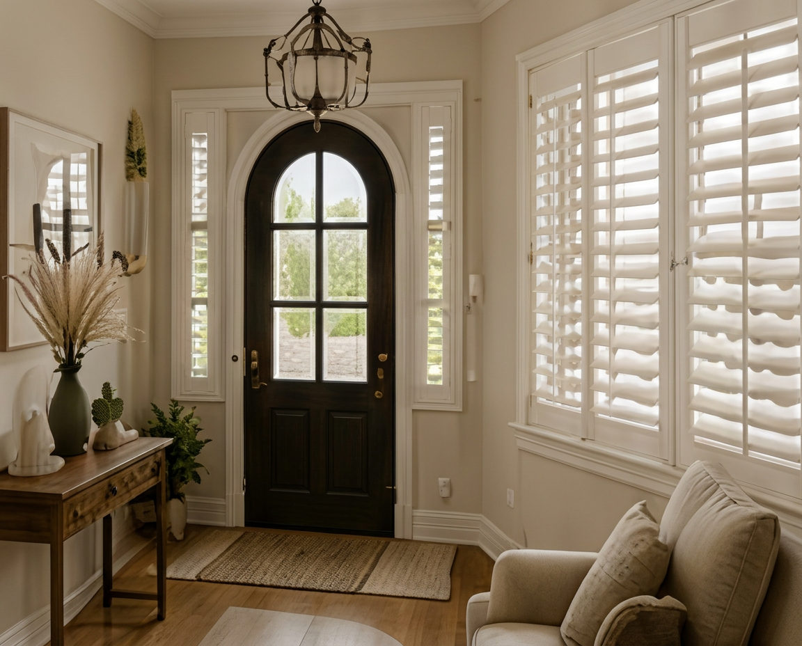 Entryway with shutters on sidelight windows