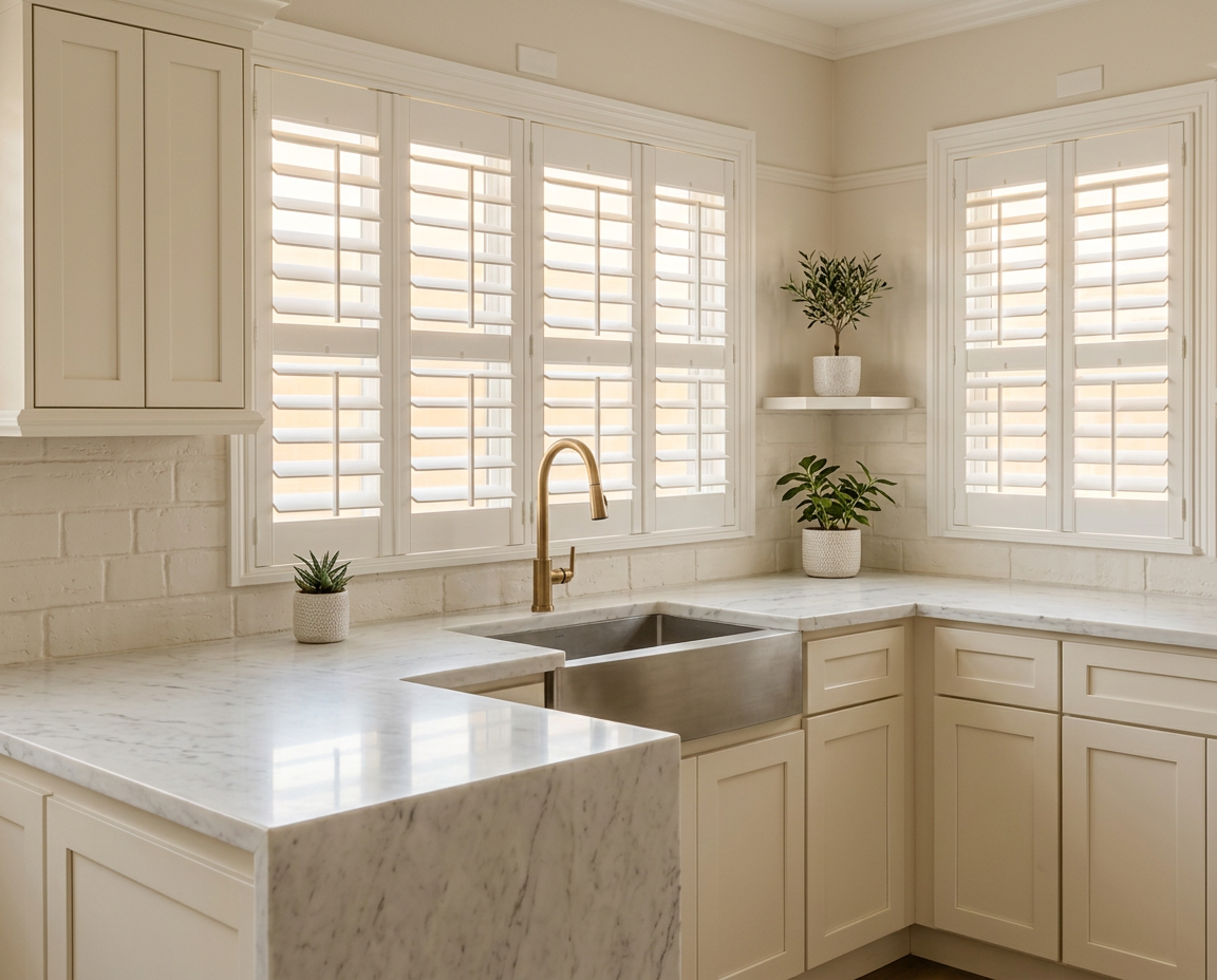 Kitchen with white shutters above the sink