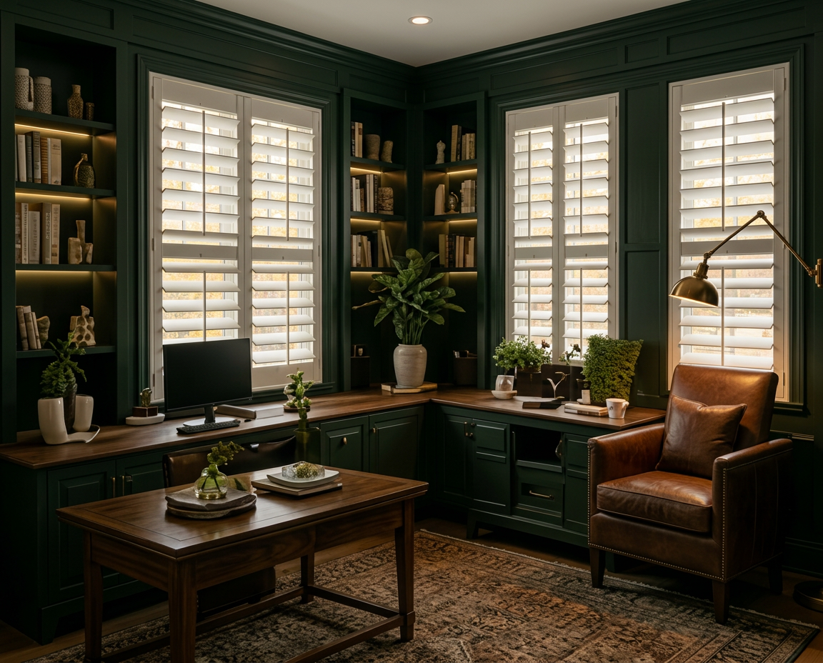 Dark stained shutters in a home library