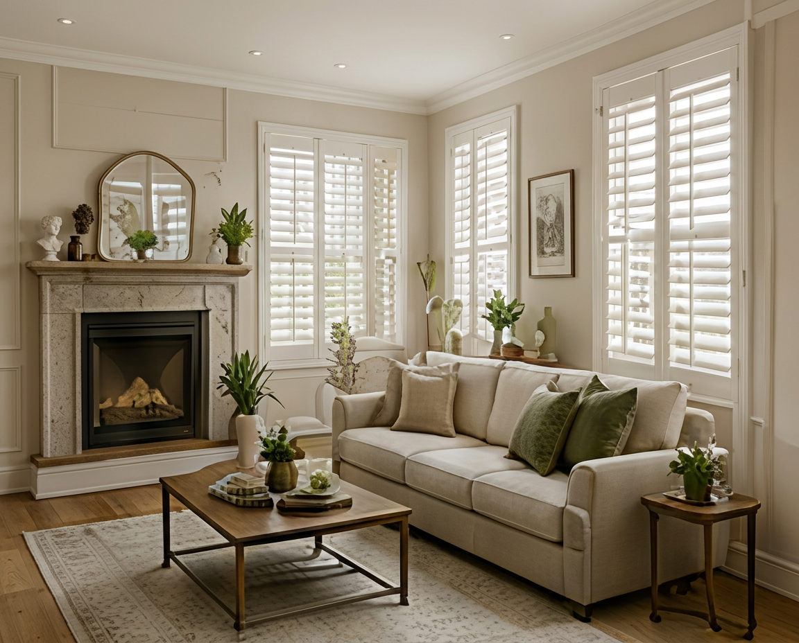 Living room with white plantation shutters and fireplace