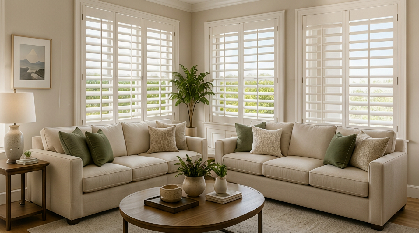 Hill Country living room with custom white plantation shutters
