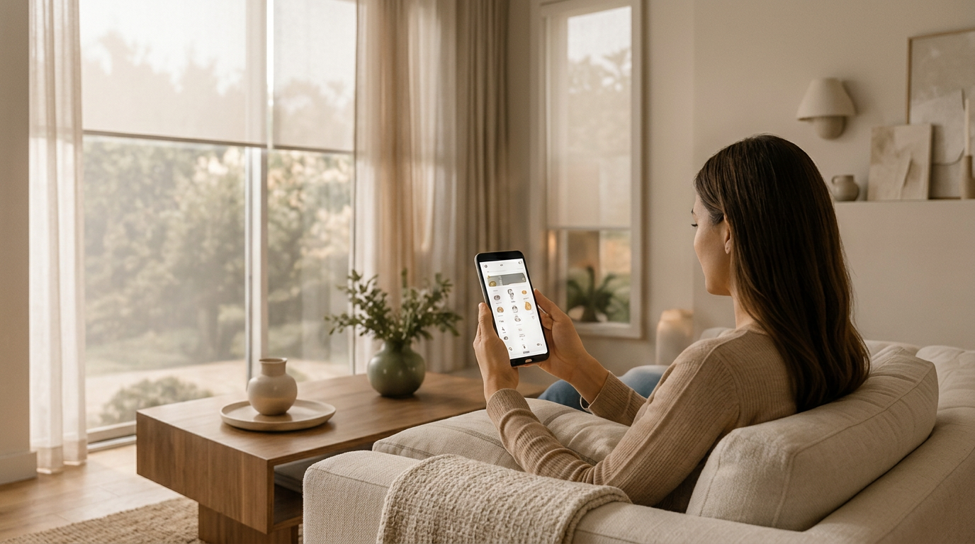 Homeowner controlling motorized shades with the Somfy smartphone app