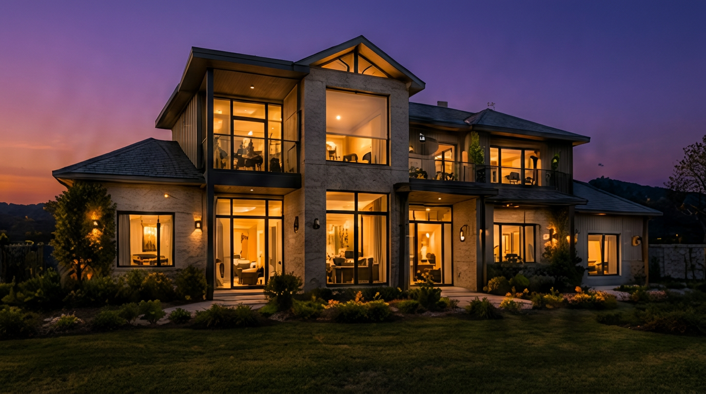 Hill Country smart home at dusk with automated shades, lighting and security