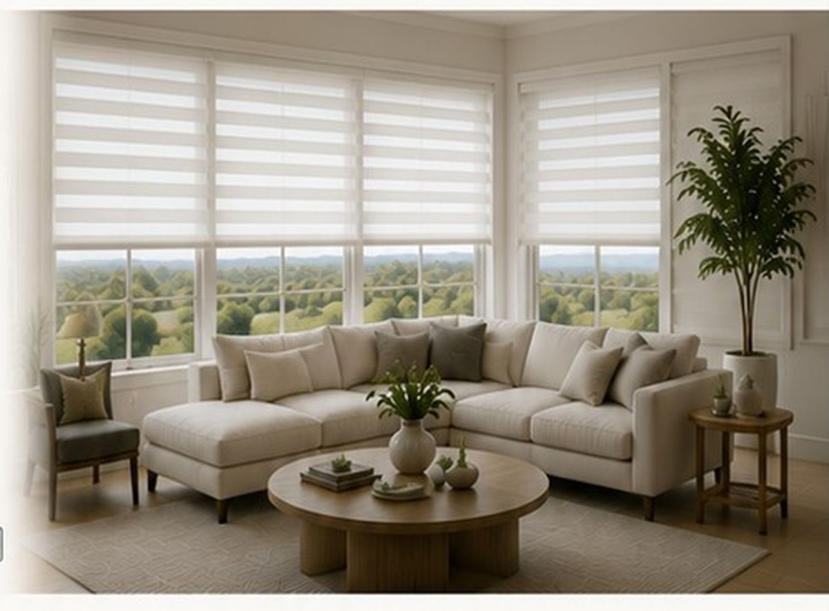 Hill Country living room with custom sheer shades and panoramic views